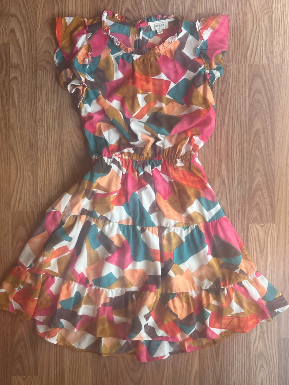 Umgee Multicolor Abstract Print Ruffle Sleeve Dress - Pink, Teal, Orange, Gold